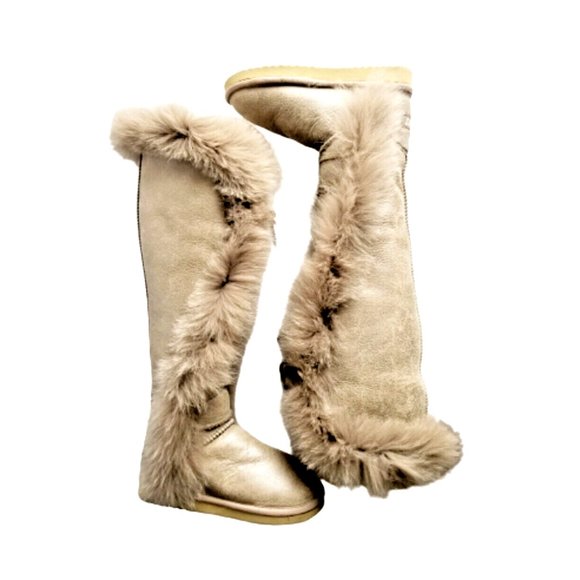 Mou Shoes - MOU Tall Winter Boots Stone Metallic Sheepskin Fur Trim Lace Up Sz 36 XS US 5